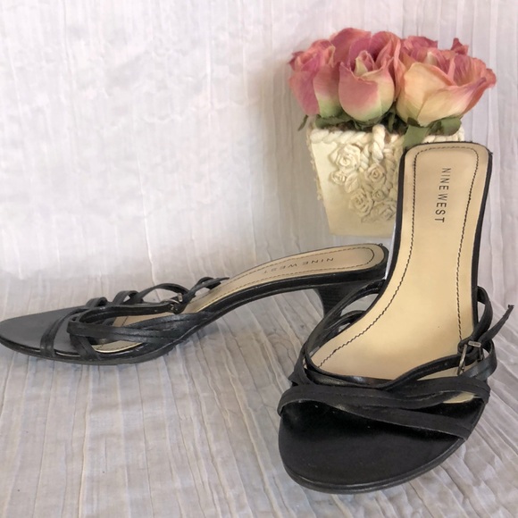 NINE WEST size 6 kitten heel slip on dressy sandals black with silver buckles - Picture 1 of 10